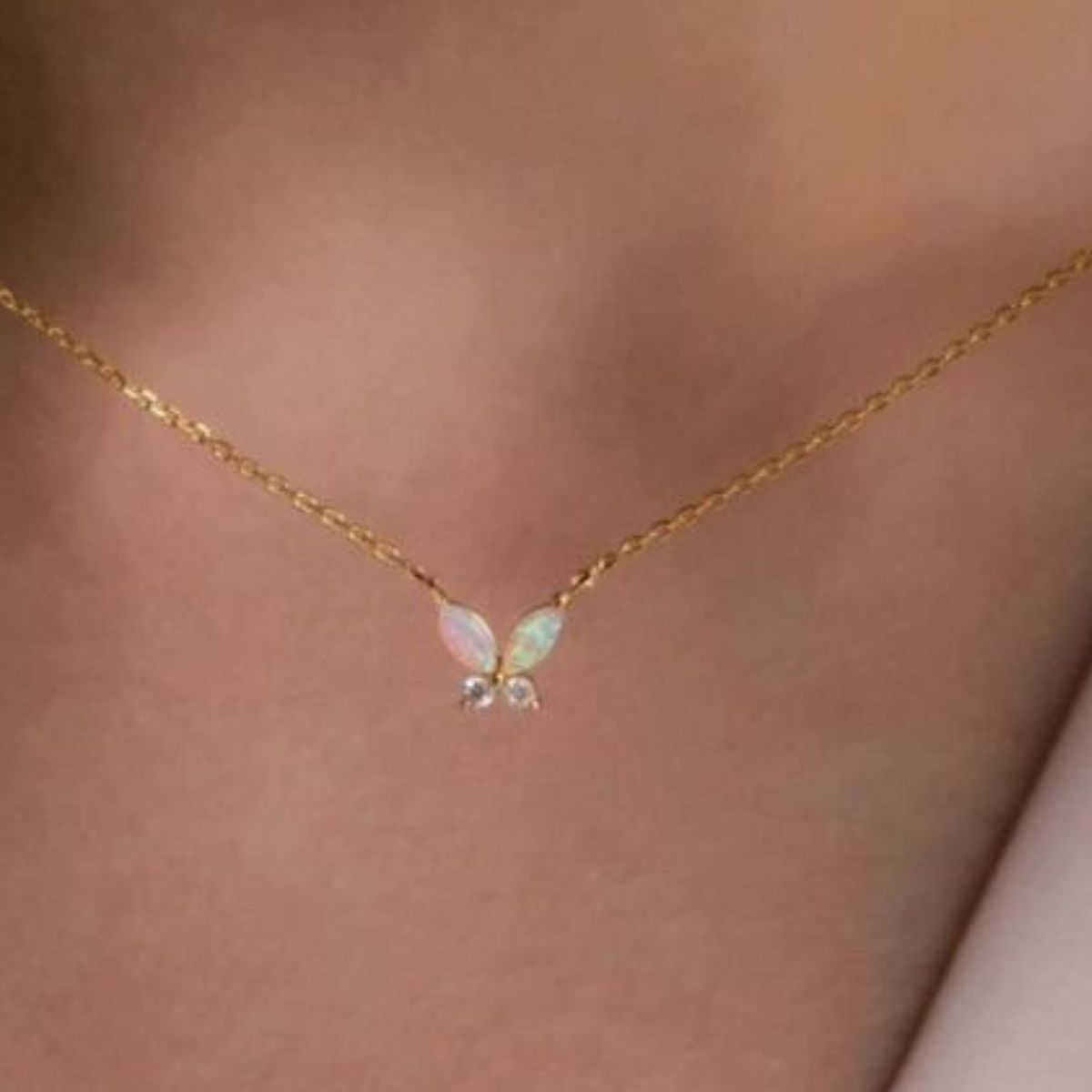 Titanium Steel Natural Opal Butterfly Necklace