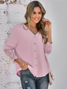 V-Neck Long Lace Sleeve Single-Breasted Solid Color Blouse