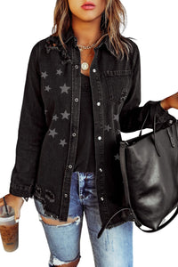 Black Star Print Chest Pocket Distressed Denim Shirt Jacket