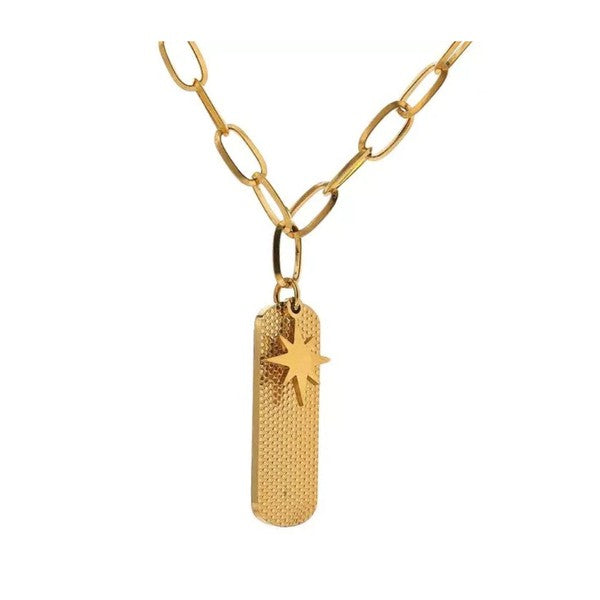 Gold Link with Star and Dog Tag Necklace for Women