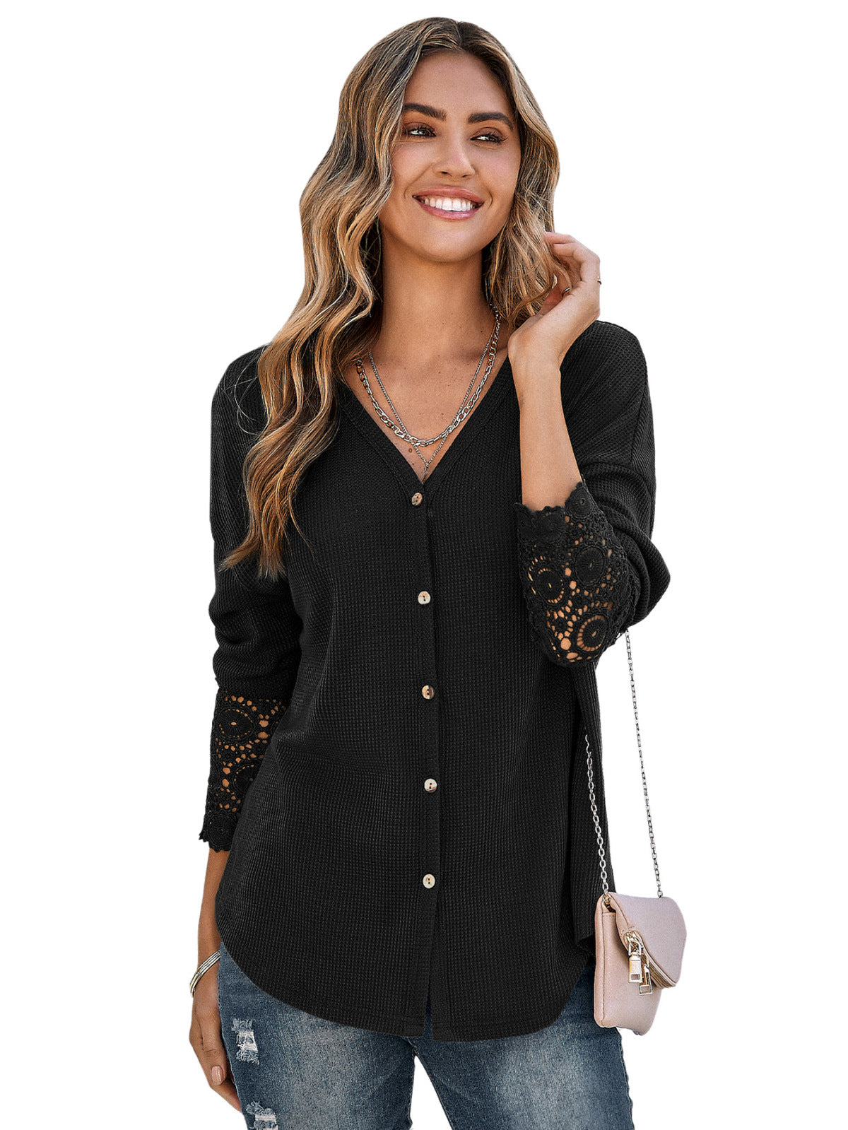 V-Neck Long Lace Sleeve Single-Breasted Solid Color Blouse