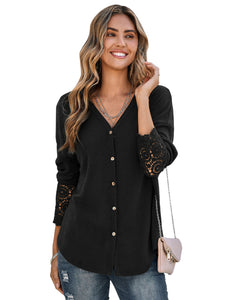 V-Neck Long Lace Sleeve Single-Breasted Solid Color Blouse