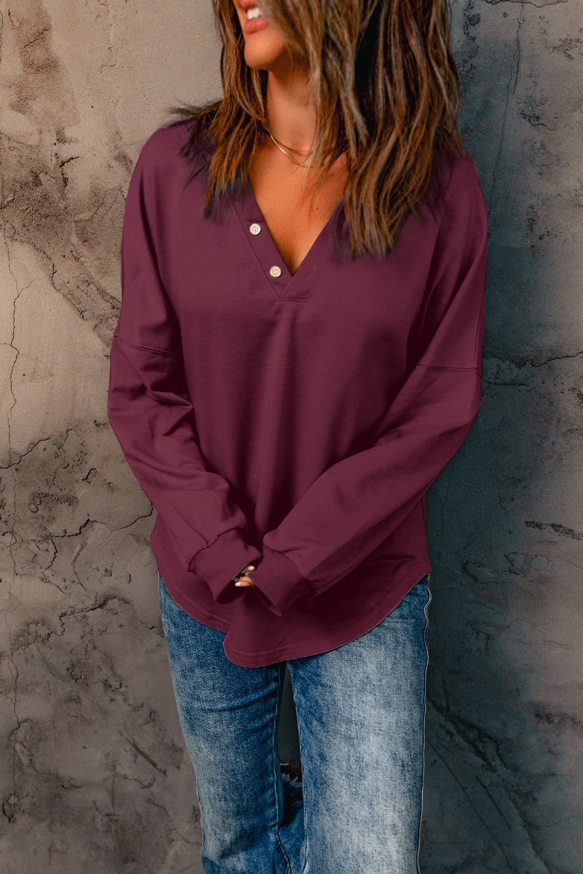 Buttoned V Neck Loose Fit Top