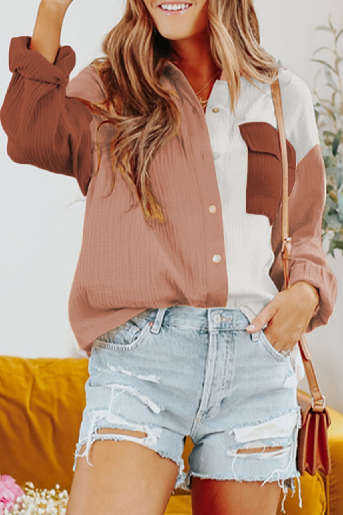 Color Block Textured Long Sleeve Shirt With Pocket