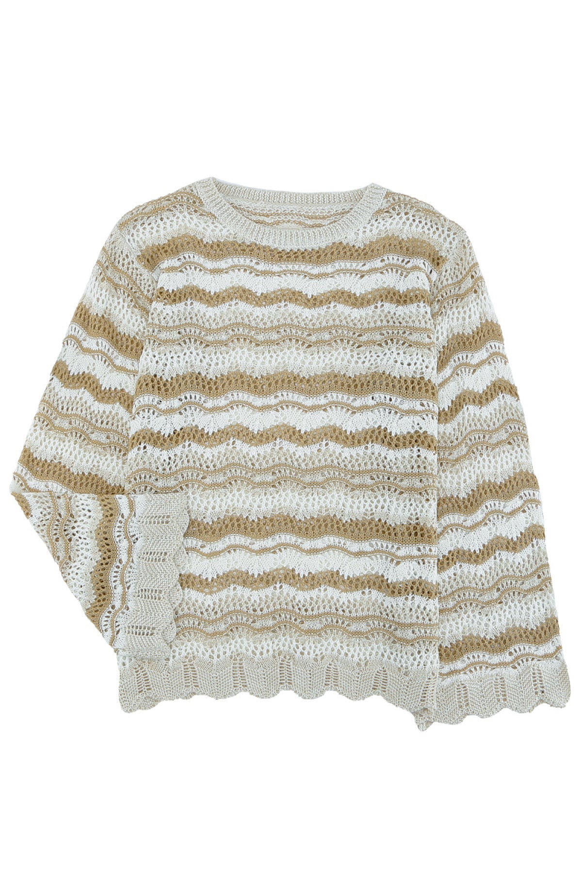 Wavy Stripe Scalloped Edge Pointelle Knit Sweater