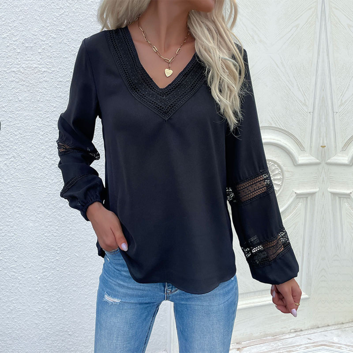 Embroidered V-Neck Lantern Cut Out Sleeve Blouse