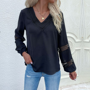Embroidered V-Neck Lantern Cut Out Sleeve Blouse