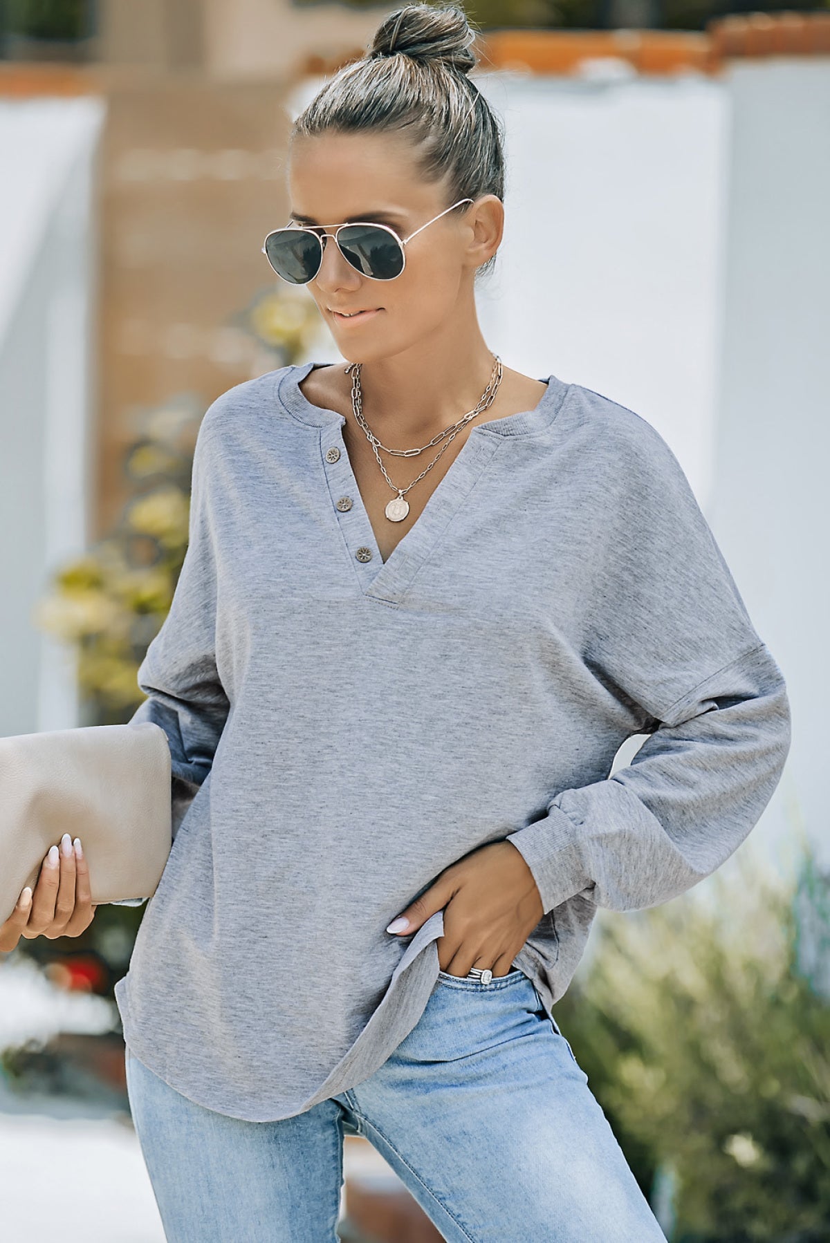 Buttoned V Neck Loose Fit Top