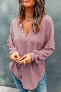 Buttoned V Neck Loose Fit Top