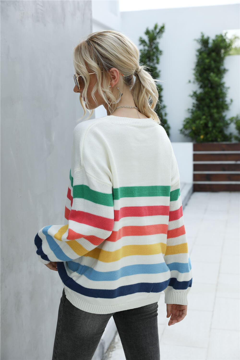 White sweater with rainbow on sale stripe