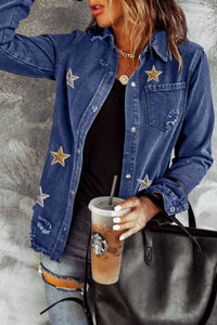 Blue Star Embroidery Distressed Denim Jacket