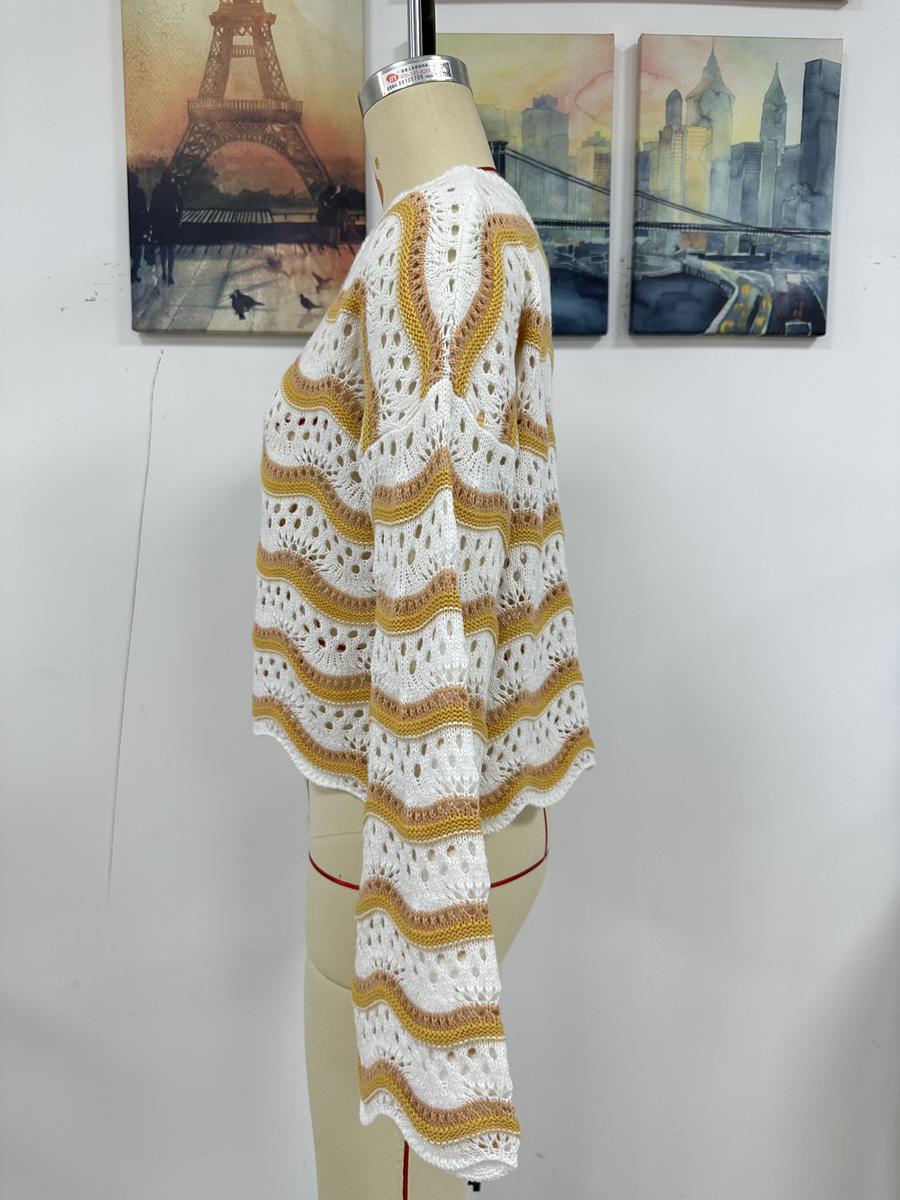 Striped Round Neck Openwork Ruffle Long Sleeve Sweater