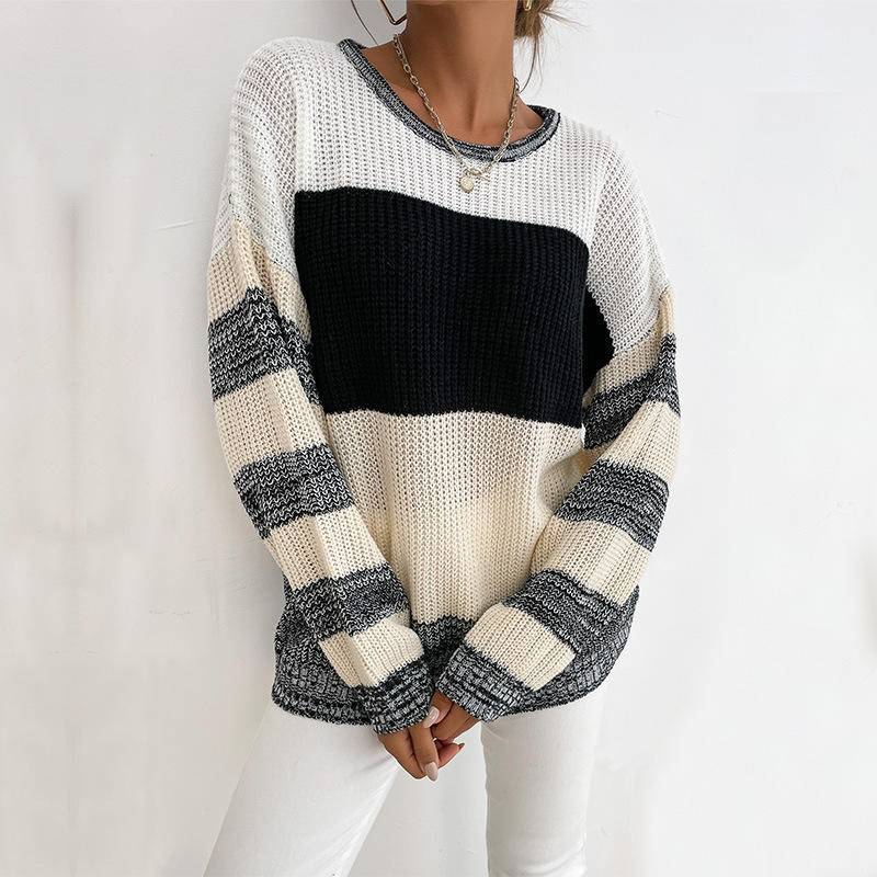 Colorblock Round Neck Long Sleeve Loose Knit Sweater