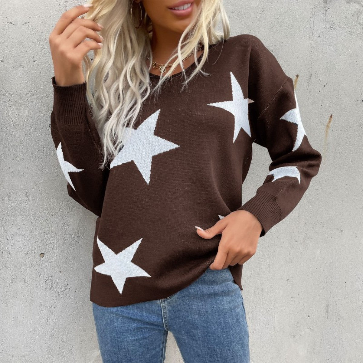 Round Neck Long Sleeve Star Print Sweater