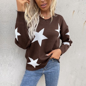 Round Neck Long Sleeve Star Print Sweater