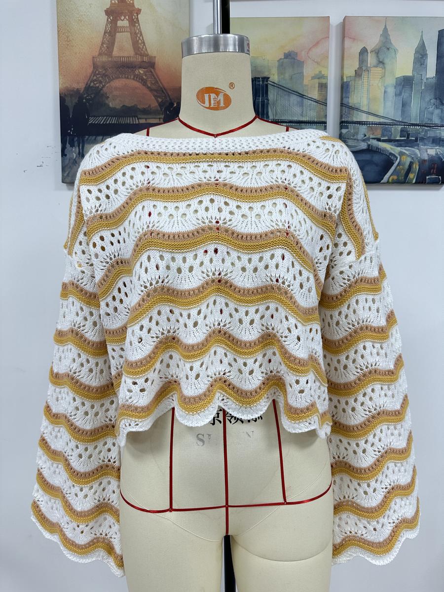 Striped Round Neck Openwork Ruffle Long Sleeve Sweater
