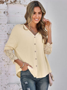 V-Neck Long Lace Sleeve Single-Breasted Solid Color Blouse