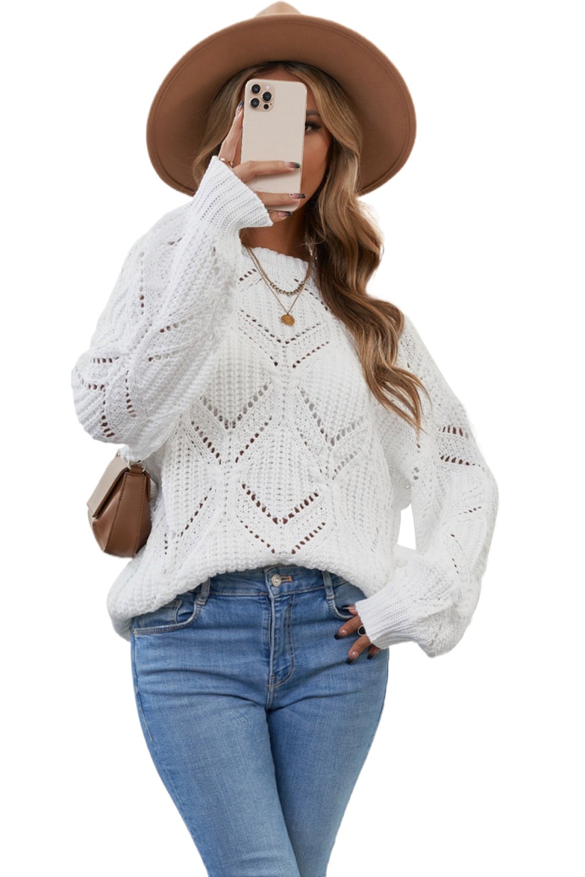 Crewneck Balloon Sleeve Textured Knit Sweater