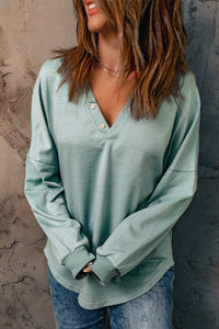 Buttoned V Neck Loose Fit Top
