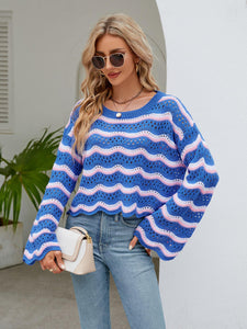 Striped Round Neck Openwork Ruffle Long Sleeve Sweater
