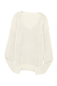 Ribbed Knit V Neck Long Sleeve Sweater