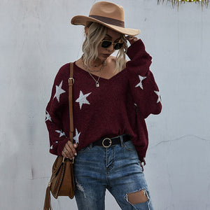 V-Neck Lantern Sleeve Star Fringe Hem Sweater