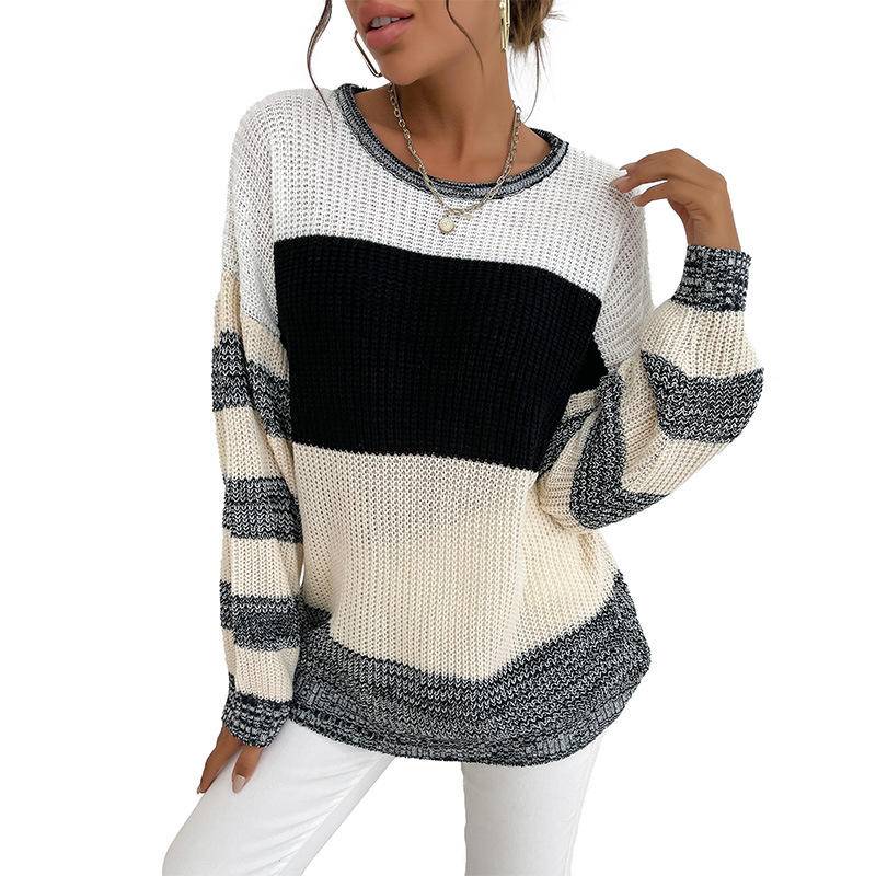Colorblock Round Neck Long Sleeve Loose Knit Sweater