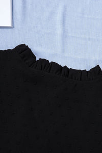 Black Swiss Dot Ruffled Short Sleeve V Neck Top