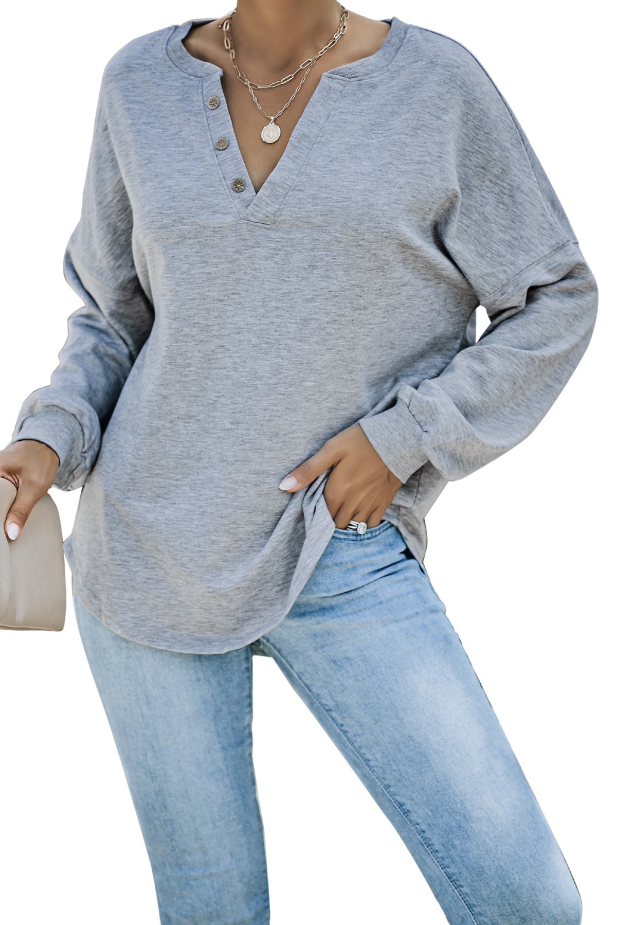 Buttoned V Neck Loose Fit Top