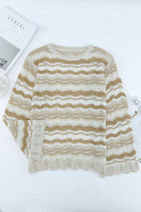 Wavy Stripe Scalloped Edge Pointelle Knit Sweater