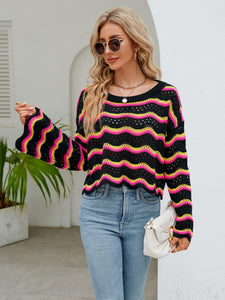 Striped Round Neck Openwork Ruffle Long Sleeve Sweater