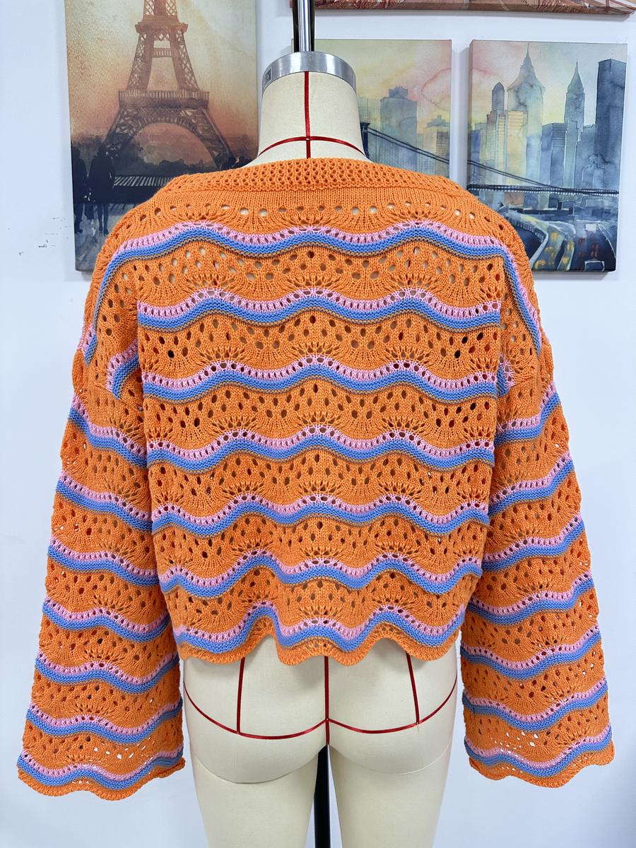 Striped Round Neck Openwork Ruffle Long Sleeve Sweater