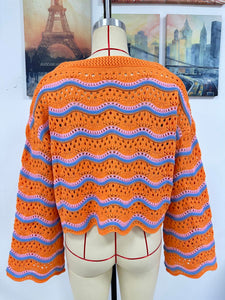 Striped Round Neck Openwork Ruffle Long Sleeve Sweater