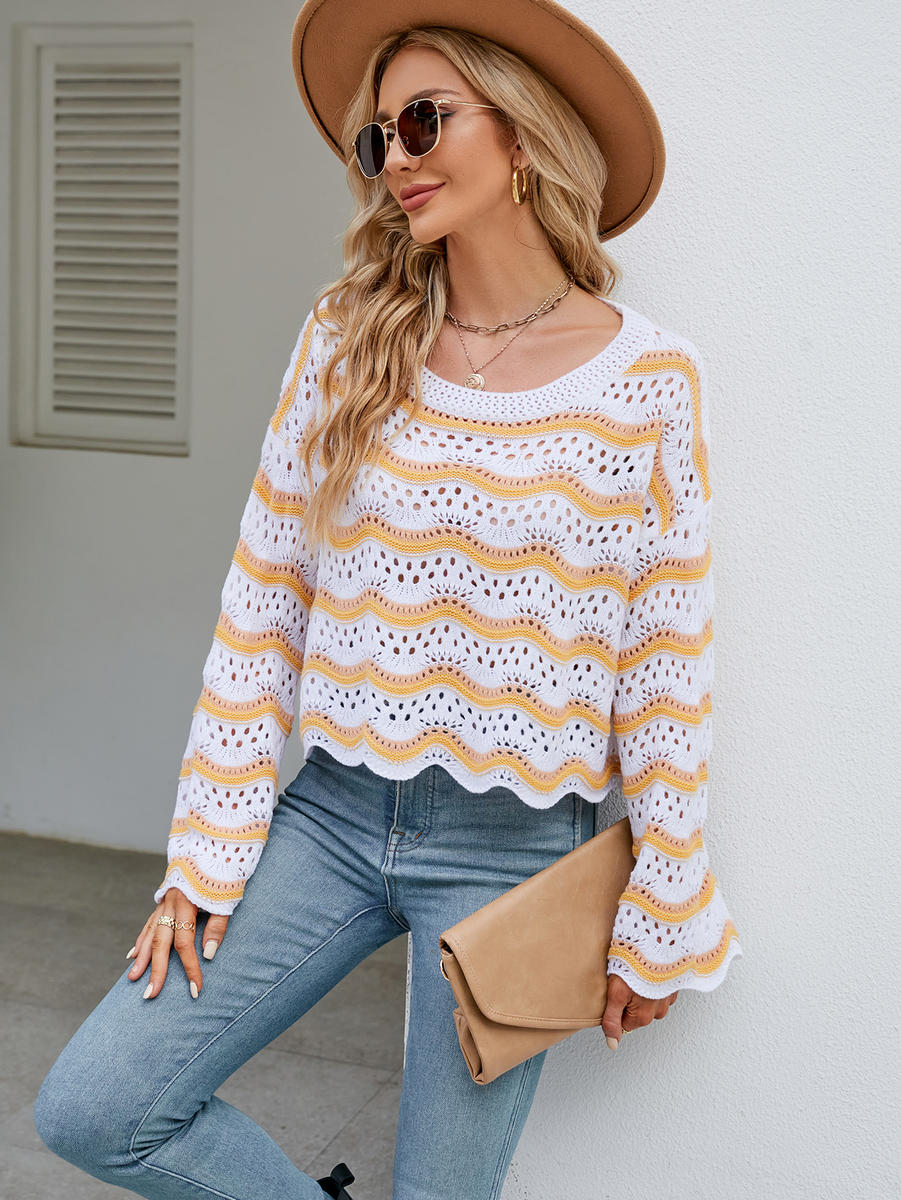 Striped Round Neck Openwork Ruffle Long Sleeve Sweater