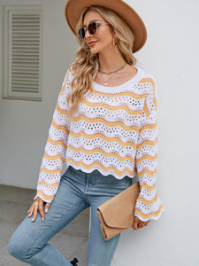 Striped Round Neck Openwork Ruffle Long Sleeve Sweater