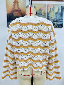 Striped Round Neck Openwork Ruffle Long Sleeve Sweater