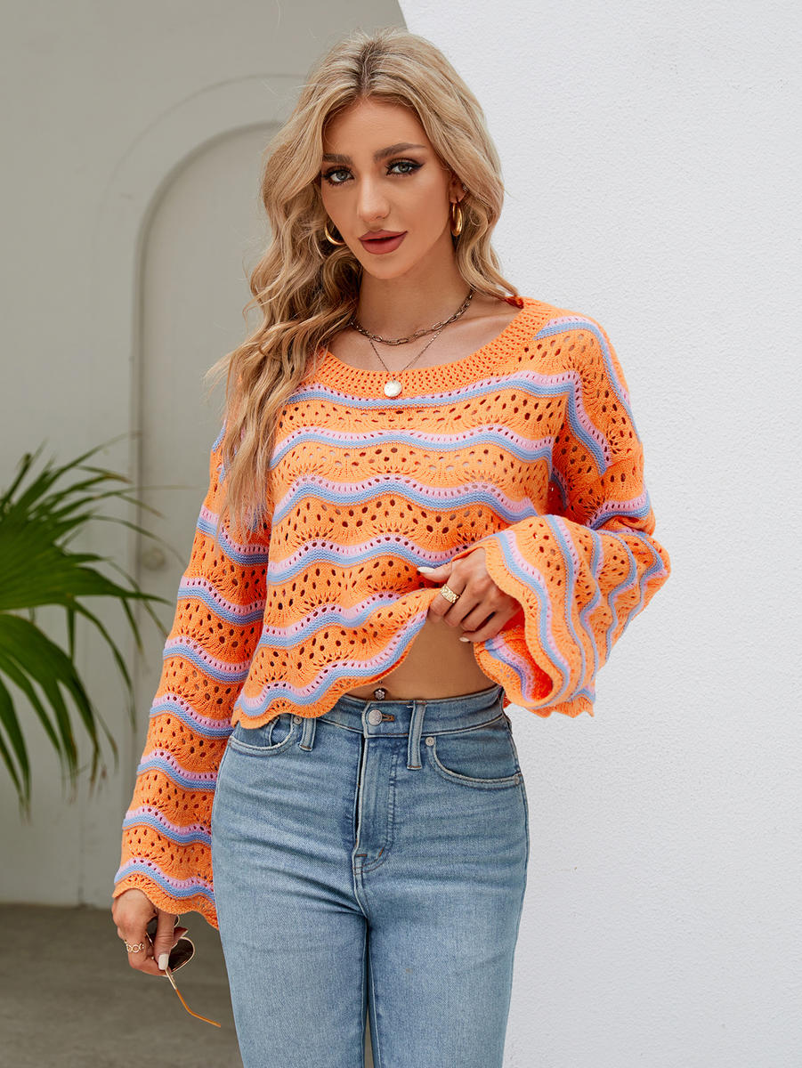 Striped Round Neck Openwork Ruffle Long Sleeve Sweater