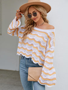 Striped Round Neck Openwork Ruffle Long Sleeve Sweater