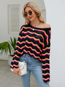 Striped Round Neck Openwork Ruffle Long Sleeve Sweater