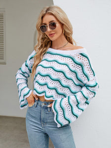 Striped Round Neck Openwork Ruffle Long Sleeve Sweater