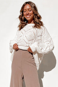 Crewneck Balloon Sleeve Textured Knit Sweater