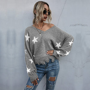 V-Neck Lantern Sleeve Star Fringe Hem Sweater