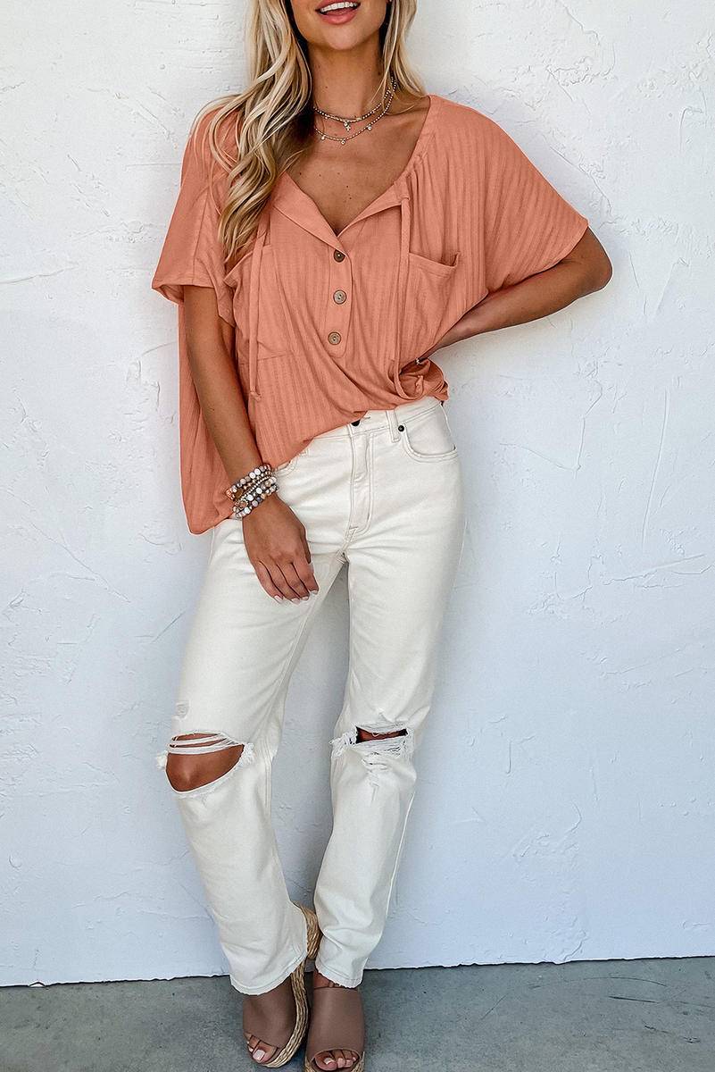 Notched V Neck Buttoned Front Textured Top