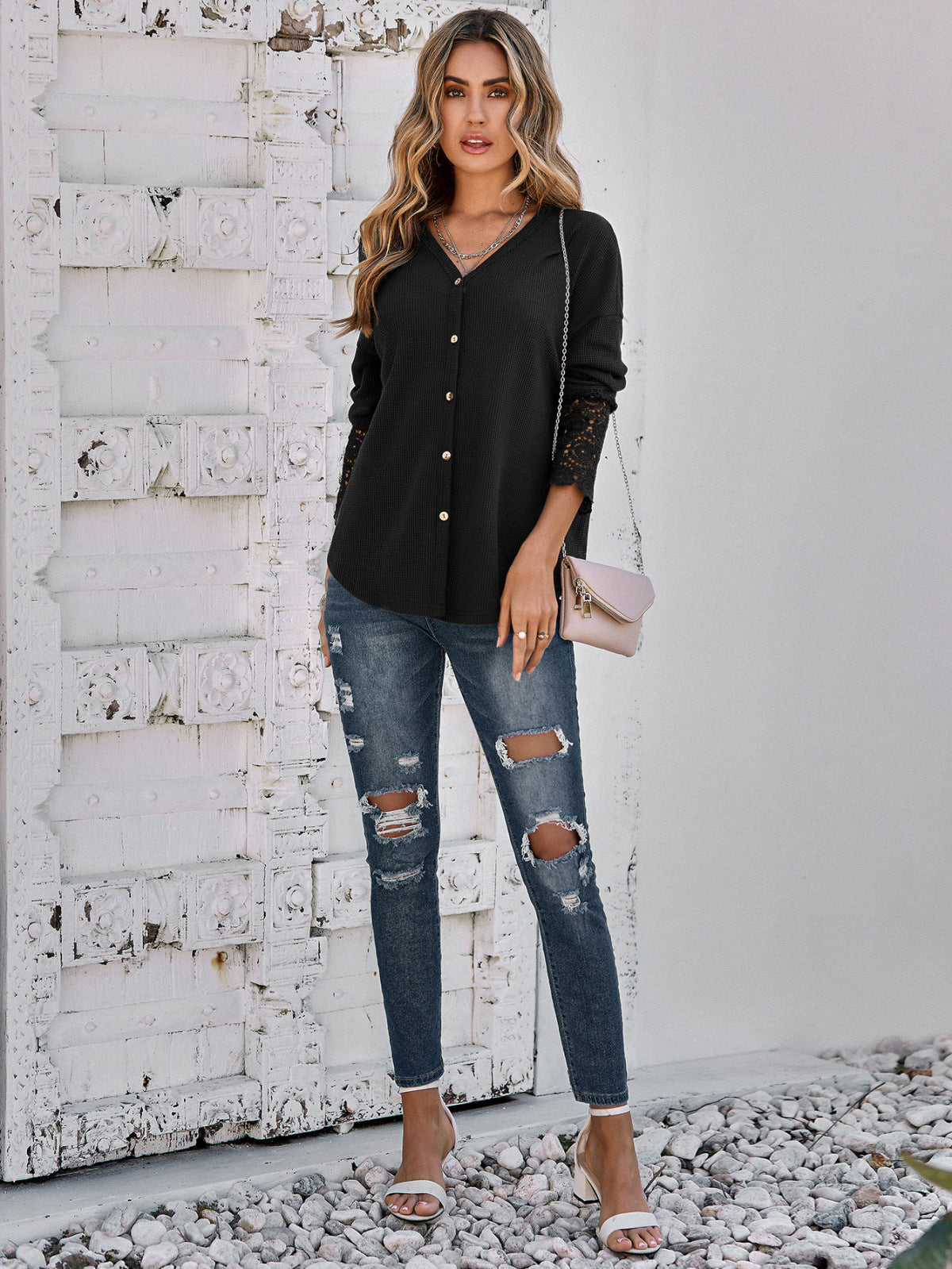 V-Neck Long Lace Sleeve Single-Breasted Solid Color Blouse