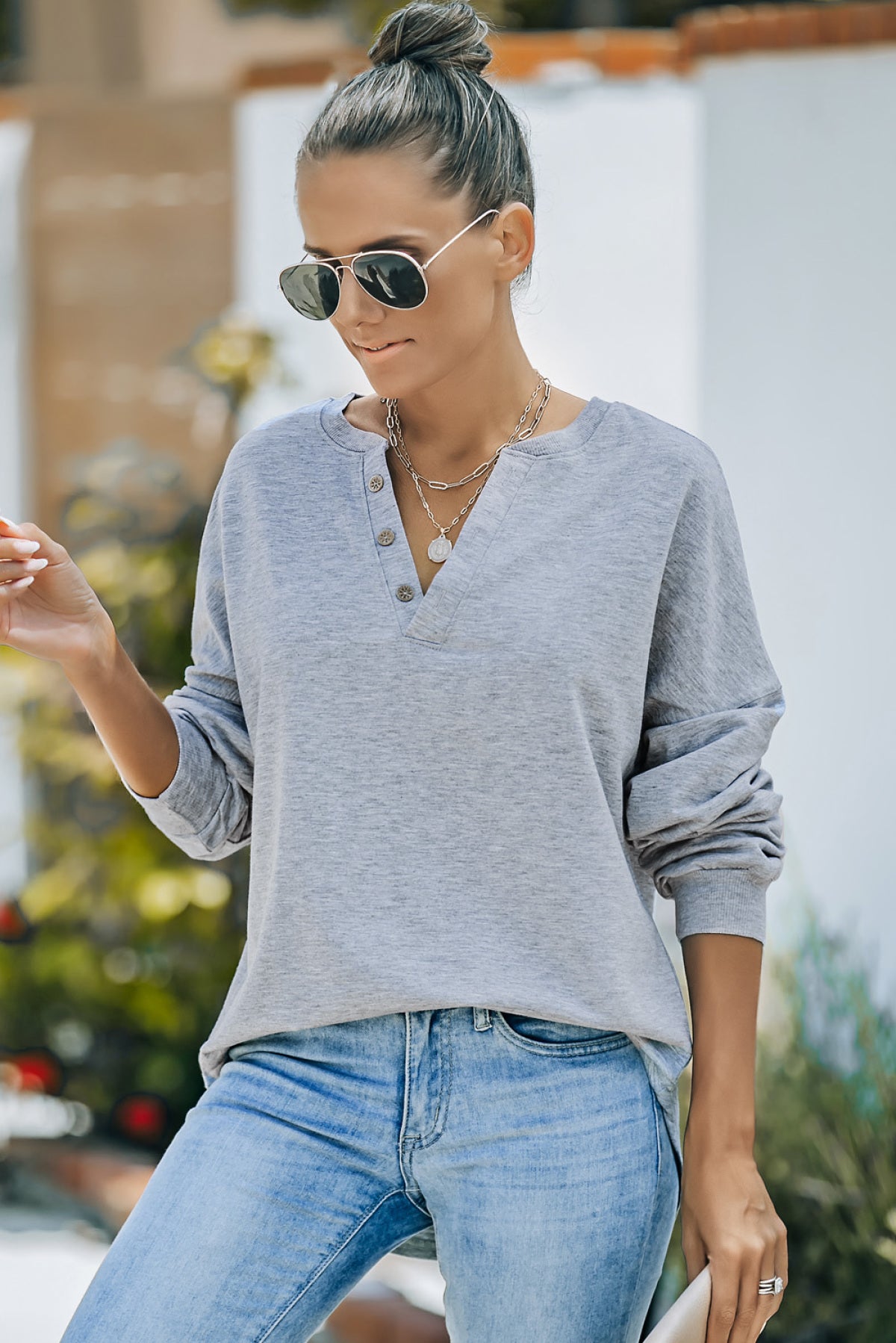 Buttoned V Neck Loose Fit Top