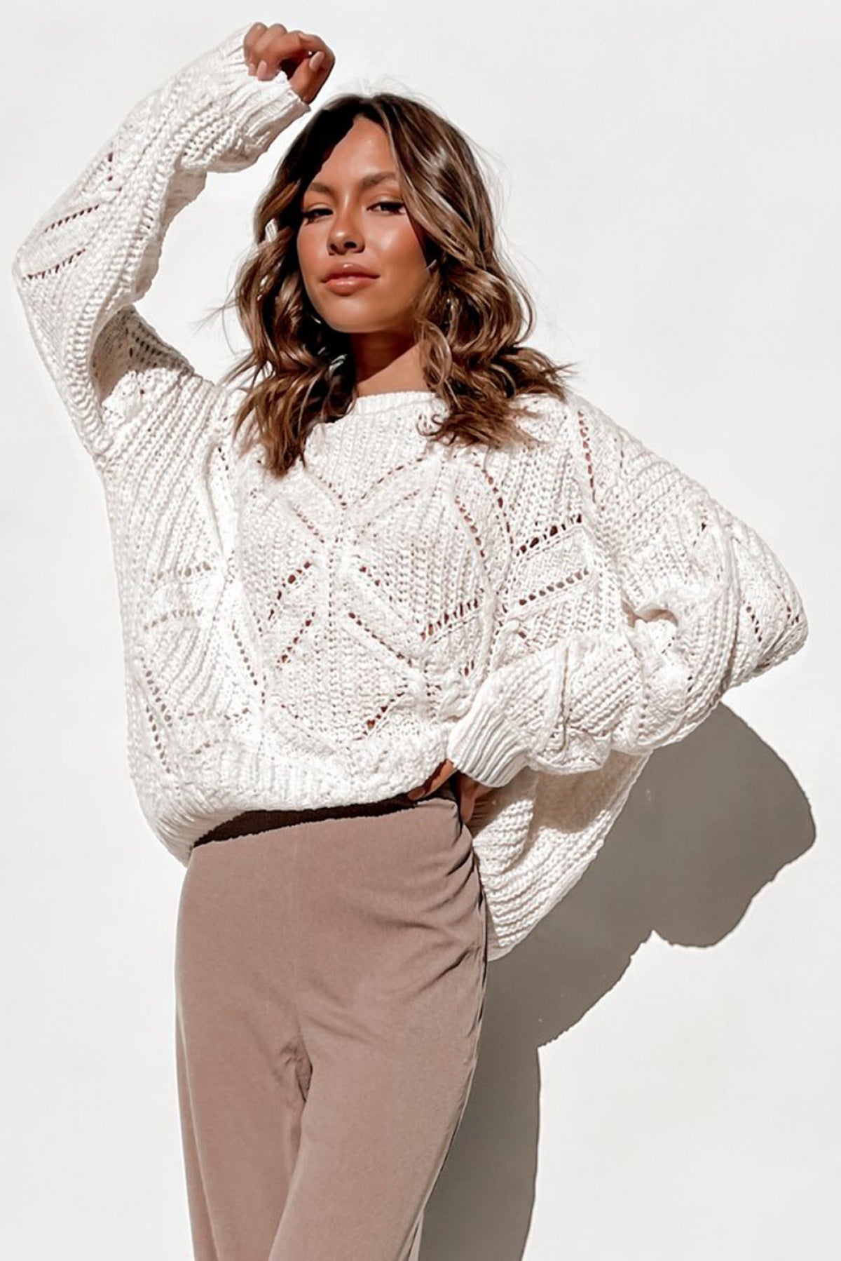 Crewneck Balloon Sleeve Textured Knit Sweater
