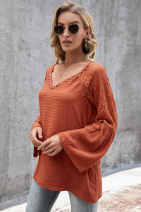 V-Neck Spliced Lace Flare Sleeve Top