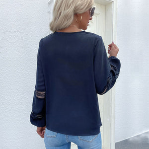 Embroidered V-Neck Lantern Cut Out Sleeve Blouse