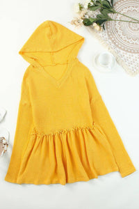 V Neck Drop Shoulder Hooded Flowy Top With Frill