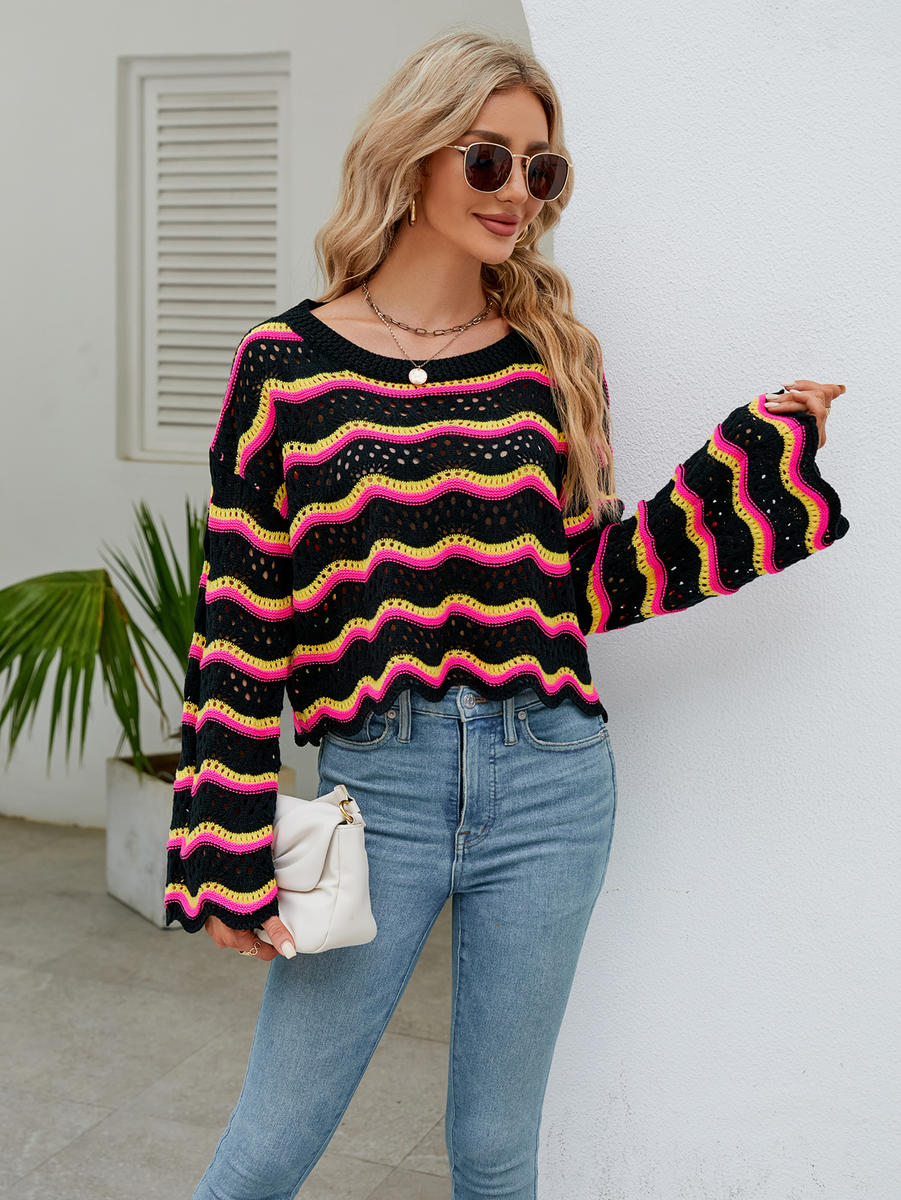 Striped Round Neck Openwork Ruffle Long Sleeve Sweater